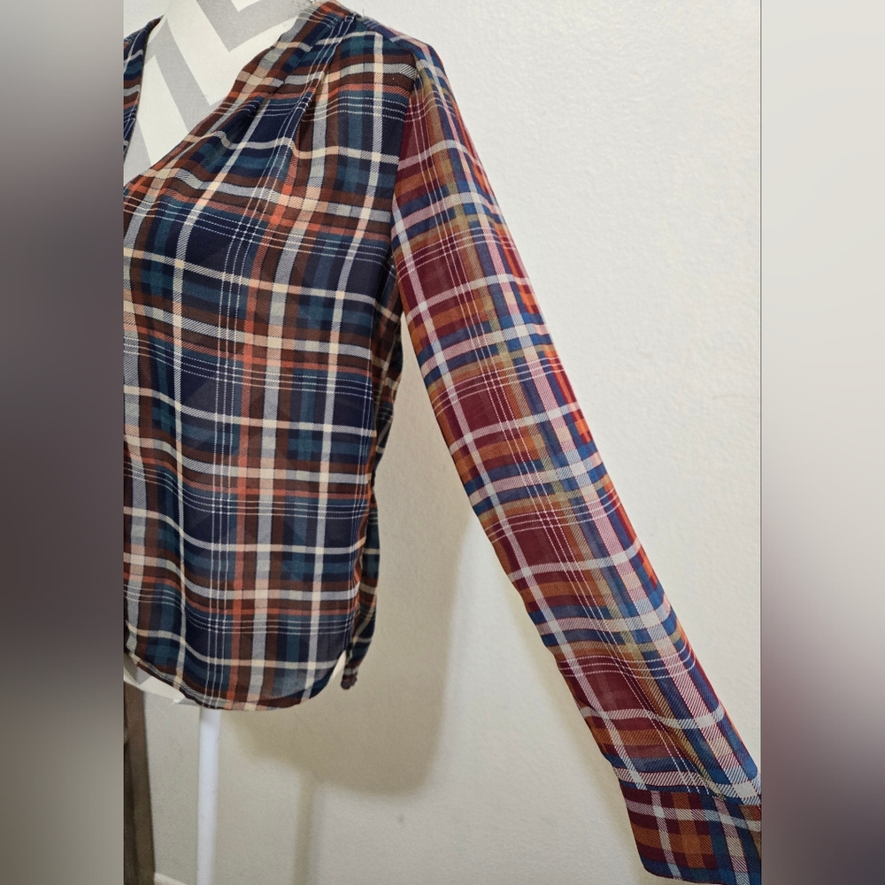 Maeve Sheer Plaid Long Sleeve Button Up Blouse Blue Orange Cream Red Size XS - Picture 5 of 12